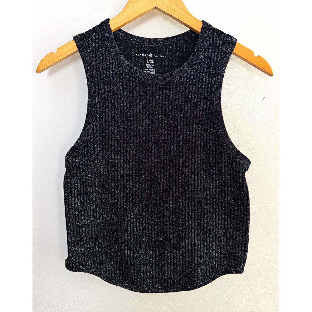 Women’s Almost Famous L/XL Black Ribbed Knit Metallic Stretch Sleeveless Tank